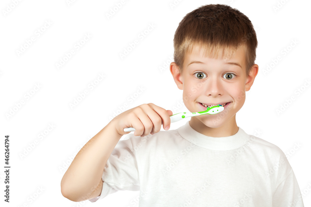 cheerful boy is brushing his teeth isolated cheerful boy is brushing his teeth isolated