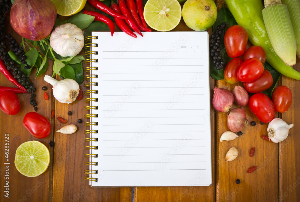 Fresh vegetables and spices with paper for note Fresh vegetables and spices with paper for note