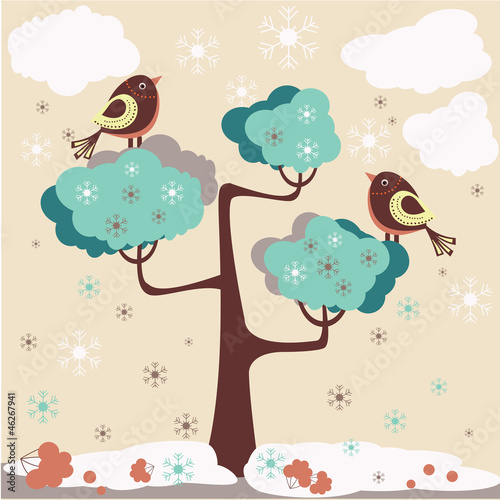 Winter background - birds on a tree
