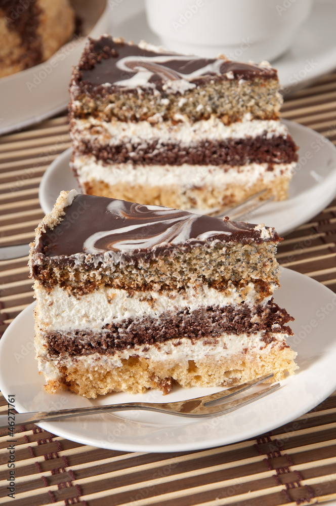 Close up of homemade chocolate cake in white plate. 