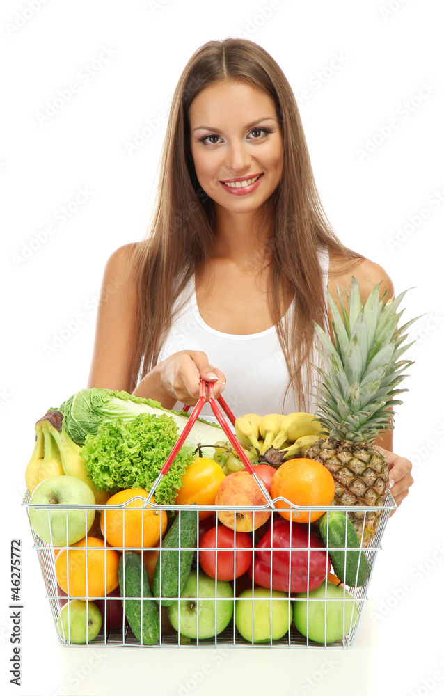 beautiful young woman with fruits and vegetables in shopping