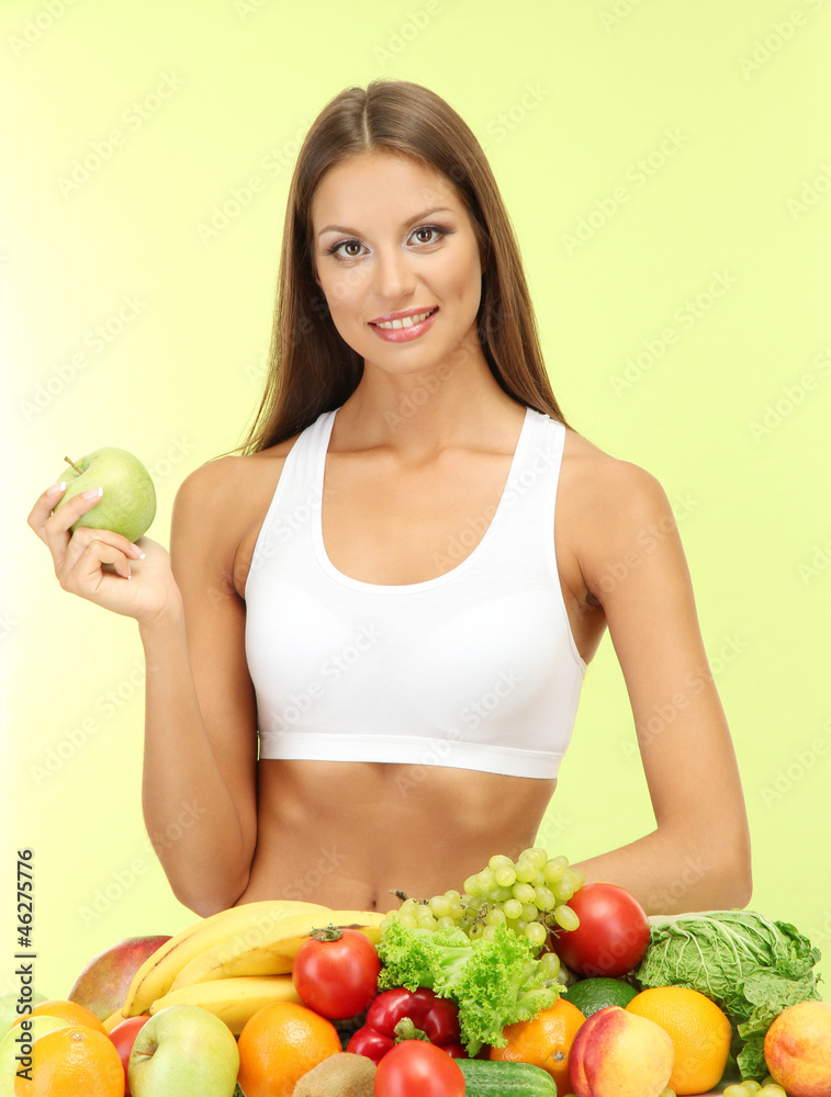 beautiful young woman with fruits and vegetables, beautiful young woman with fruits and vegetables,