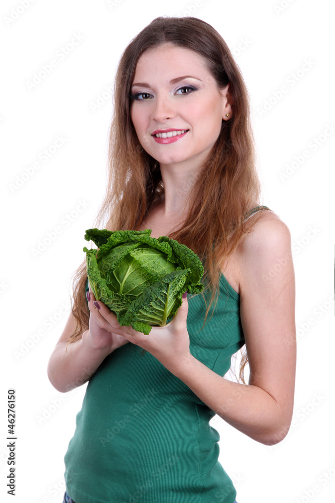 Beautiful woman with cabbage isolated on white Beautiful woman with cabbage isolated on white