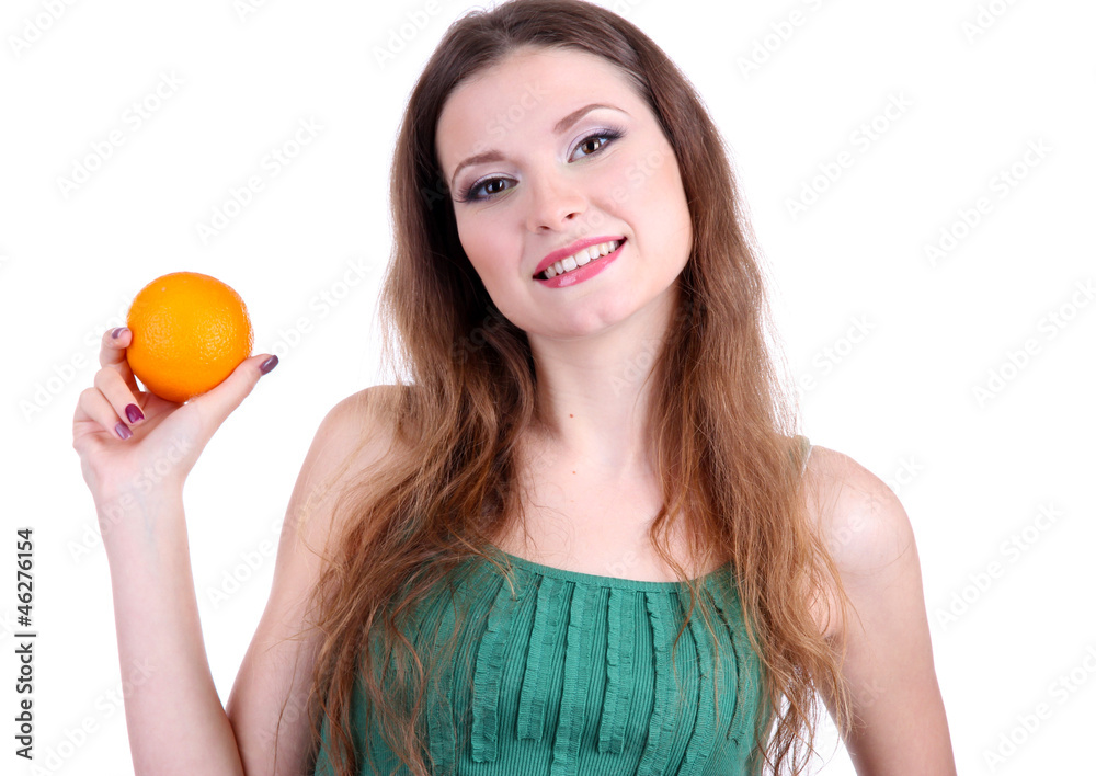 Beautiful woman with orange isolated on white Beautiful woman with orange isolated on white