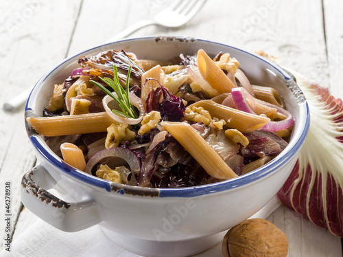 pasta with chicory and nuts, vegetarian food
