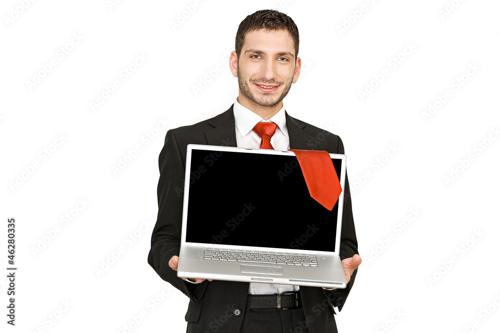 Junger Geschäftsmann hält Notebook Junger Geschäftsmann hält Notebook