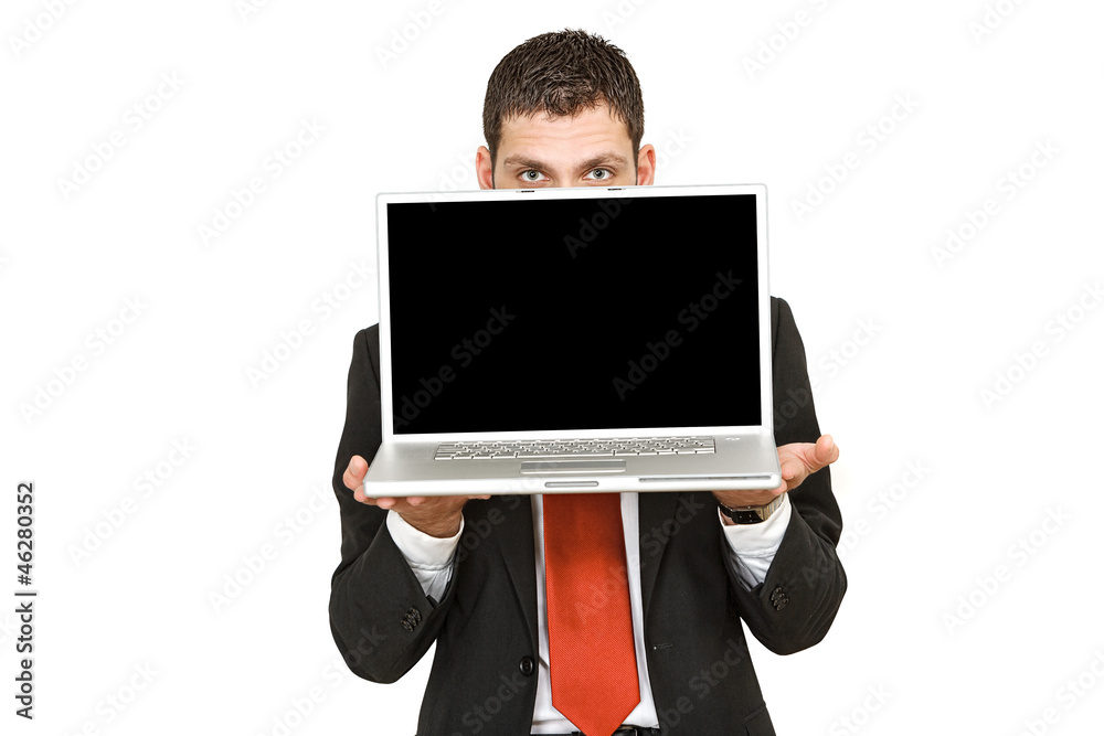 Junger Geschäftsmann hält Notebook Junger Geschäftsmann hält Notebook