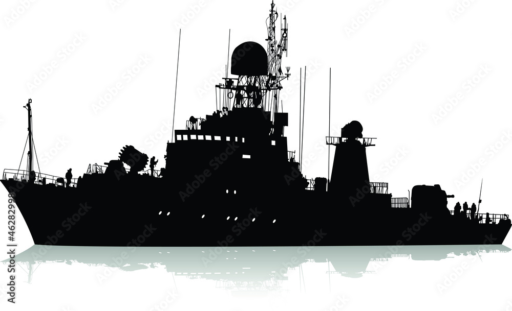 Obraz premium Vector silhouette of the military ship on a white background