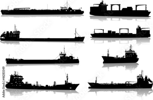 Fototapete Set of silhouettes of the sea cargo ships