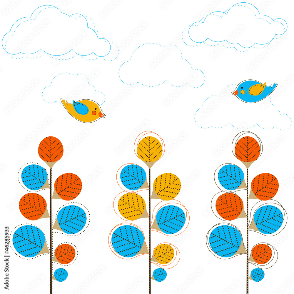 Vector illustration with trees and flying birds Vector illustration with trees and flying birds