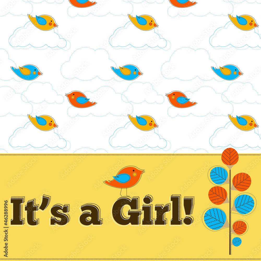 It's a girl vector greeting card with bird pattern
