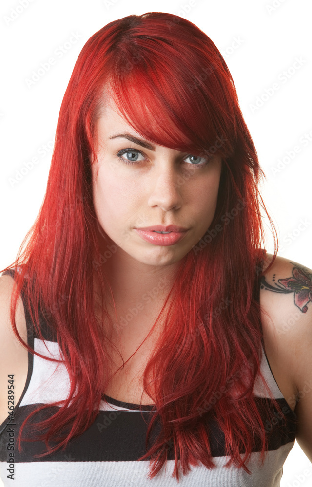 Obraz premium Cynical Lady in Striped Shirt and Red Hair