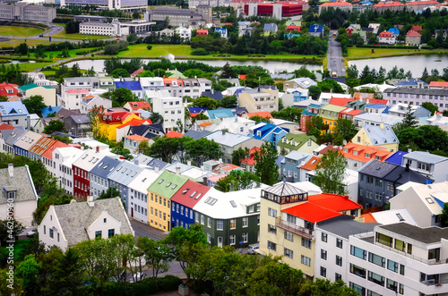 Reykjavik city bird view of colorful houses, Iceland