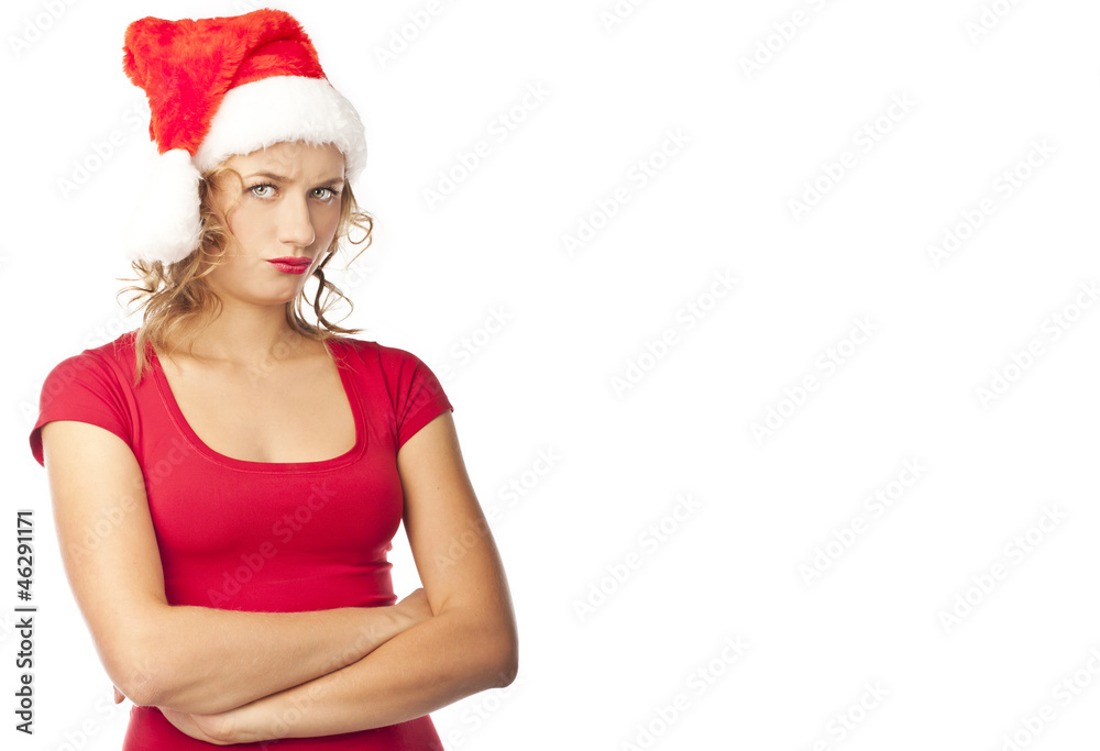 Unhappy young woman on white background. Christmas Unhappy young woman on white background. Christmas