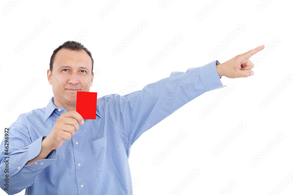 man shows someone a red card. All isolated on white background man shows someone a red card. All isolated on white background