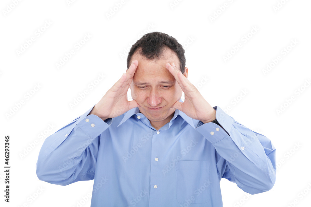 Stressed business man with a headache, isolated over white Stressed business man with a headache, isolated over white