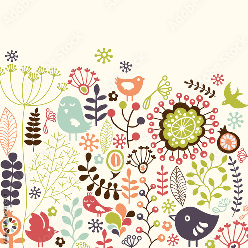 colorful floral card with little birds