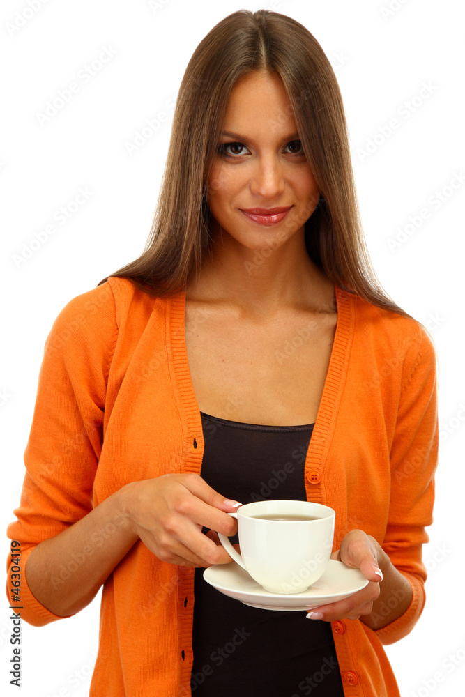 beautiful young woman with cup of coffee, isolated on white beautiful young woman with cup of coffee, isolated on white
