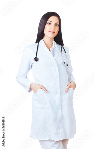smiling doctor in white with stethoscope