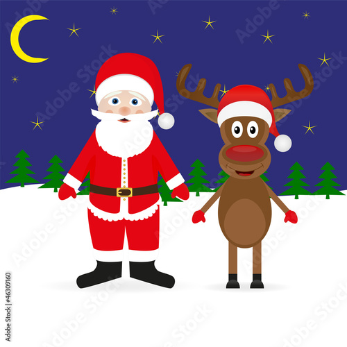 Christmas Reindeer and Santa Claus in the woods at night