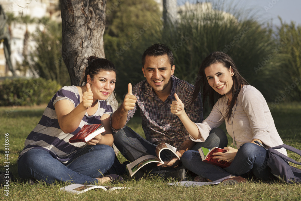 Fototapeta premium Young students studying outdoors thumbsup