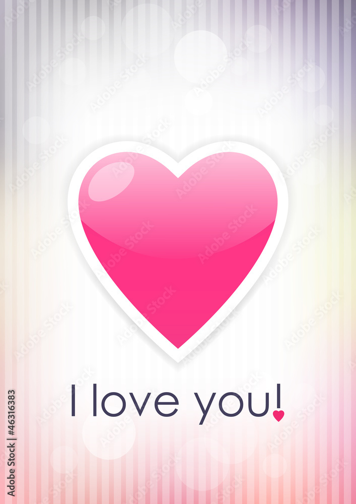 Card with heart and inscription I love you on light background.