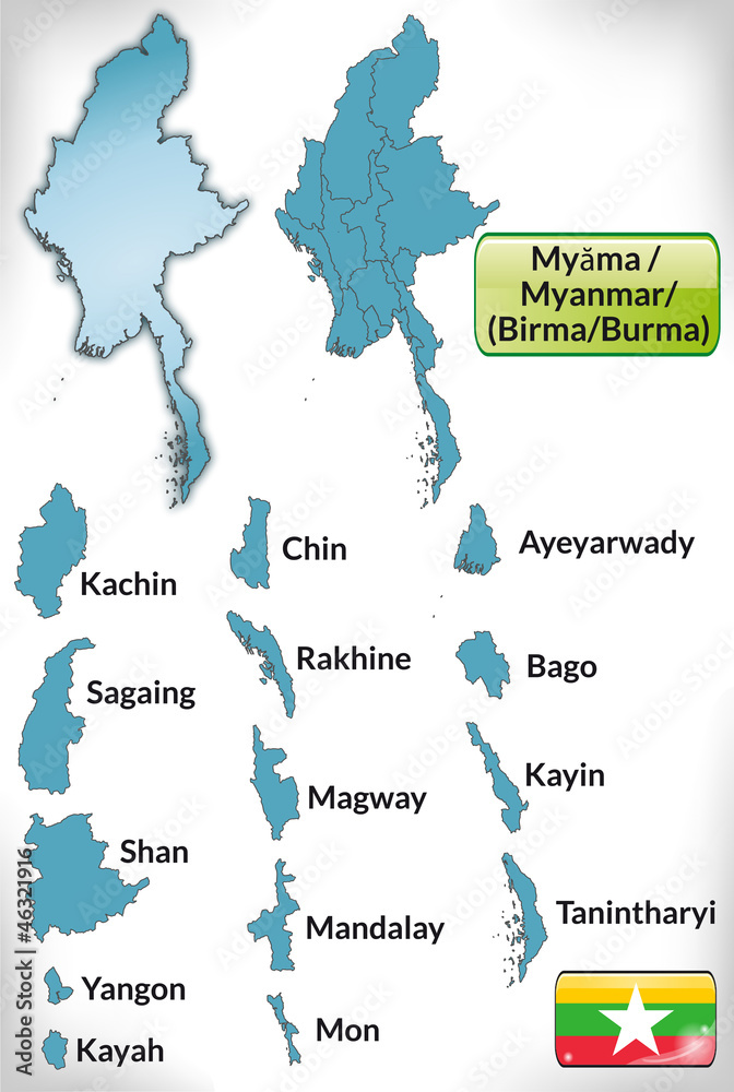 Naklejka premium Übersichtskarte von Myanmar (Birma) mit Grenzen und Flagge