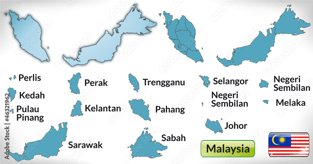 Fototapeta premium Übersichtskarte von Malaysia mit Grenzen und Flagge