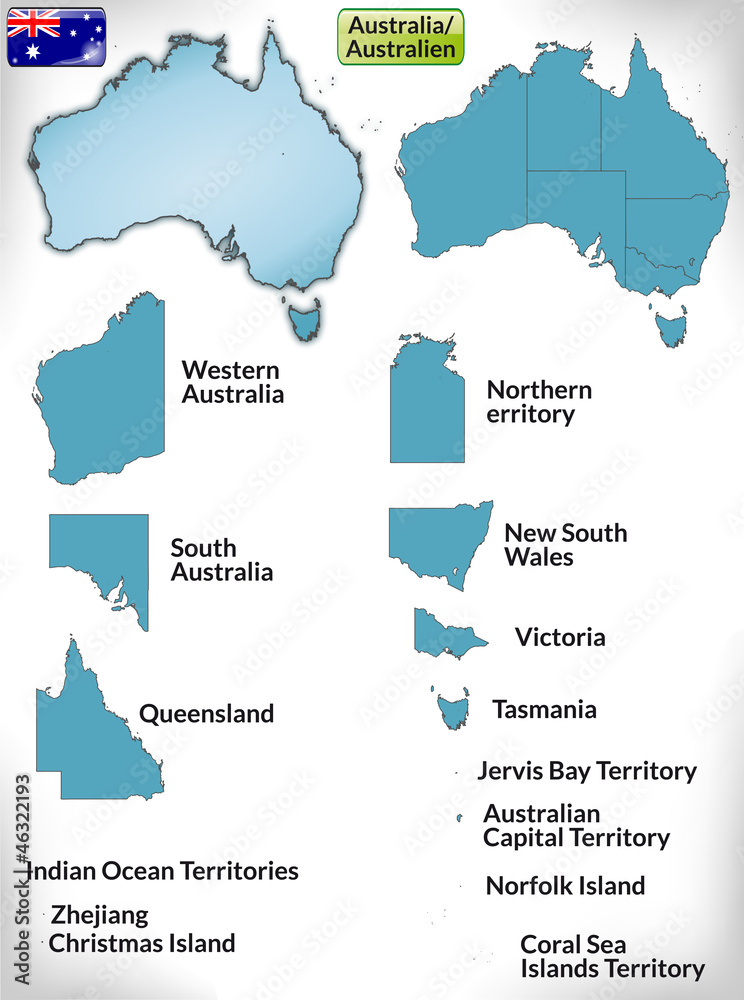 Übersichtskarte von Australien mit Grenzen und Flagge