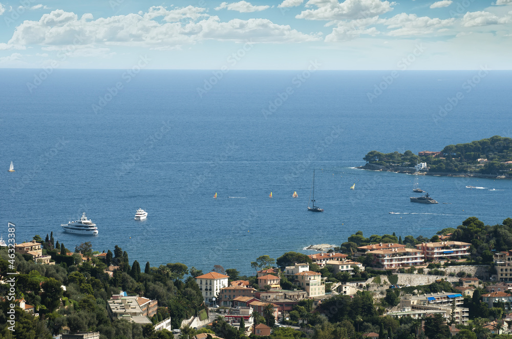 View of Monaco and many yachts in the bay