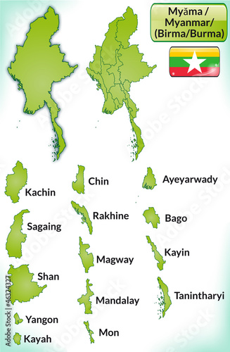 Übersichtskarte von Myanmar (Birma) mit Grenzen und Flagge