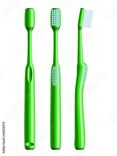 Front, side and back views of green toothbrush. Eps10