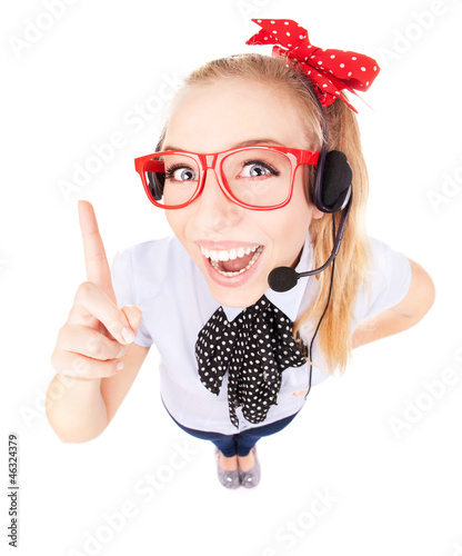 Funny call center concept - woman with headset