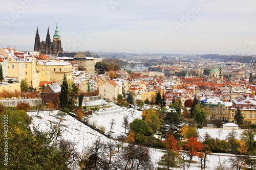 Snowy colorful autumn Prague gothic Castle, Czech Republic