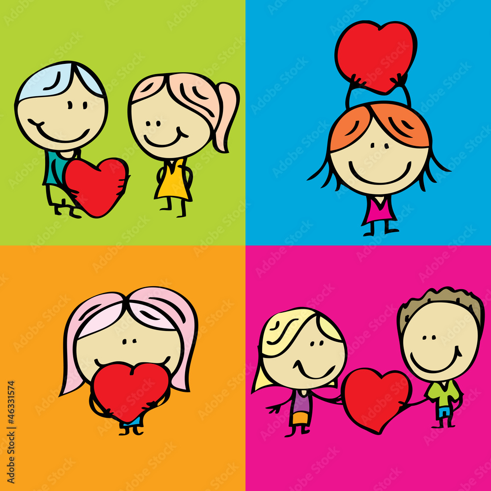 Happy doodle kids with valentine's hearts Happy doodle kids with valentine's hearts
