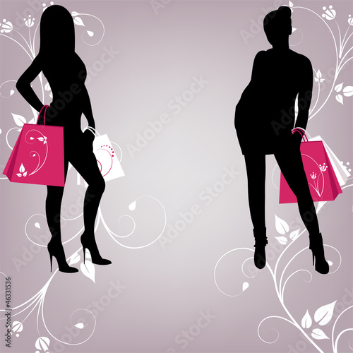 The outline of two fashionable girls with shopping