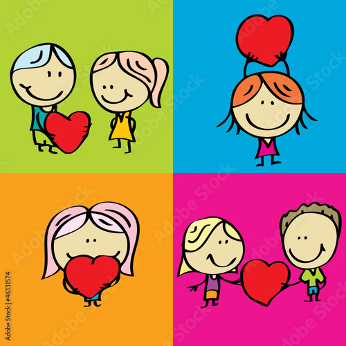 Happy doodle kids with valentine's hearts