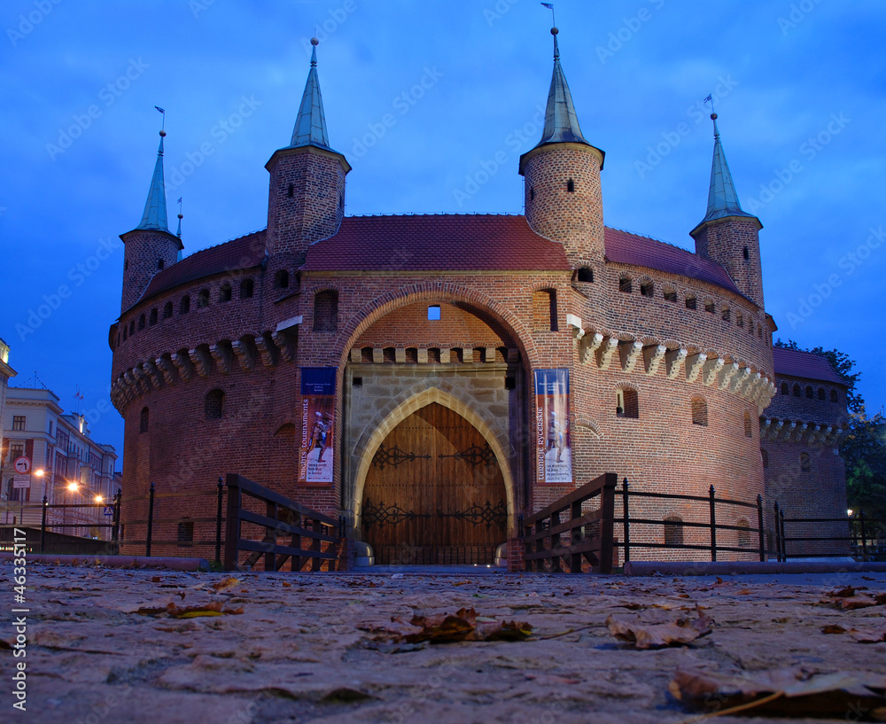 Obraz premium A gate to Krakow - barbican, Poland by night