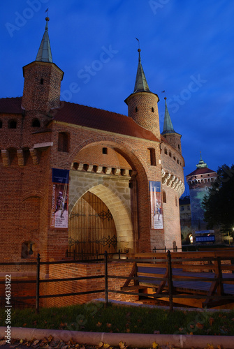 A gate to Krakow - barbican, Poland by night