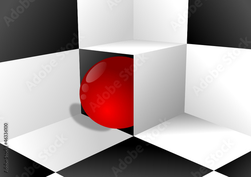 Black and white squares and red ball