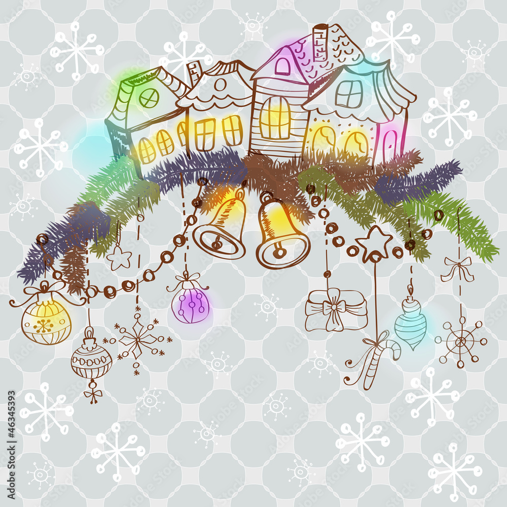 christmas card for xmas design with fur tree, houses and decorat
