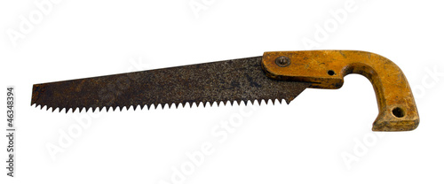 retro rusty hand saw isolated on white