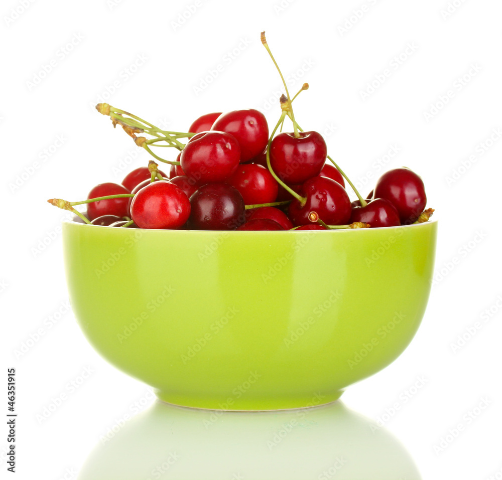 cherry in green bowl isolated on white cherry in green bowl isolated on white