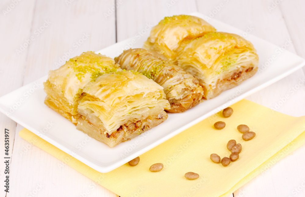 Sweet baklava on plate on wooden background Sweet baklava on plate on wooden background