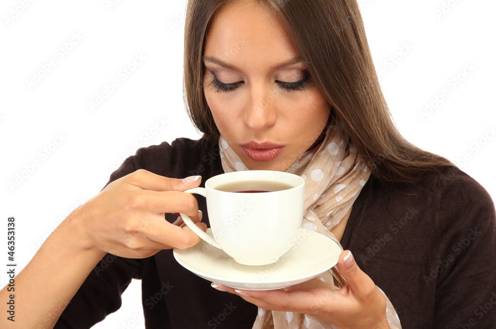 custom made wallpaper toronto digitalbeautiful young woman with cup of coffee, isolated on white