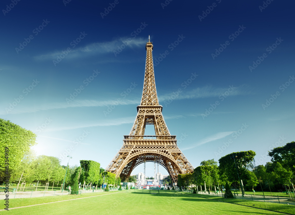 sunny morning and Eiffel Tower, Paris, France