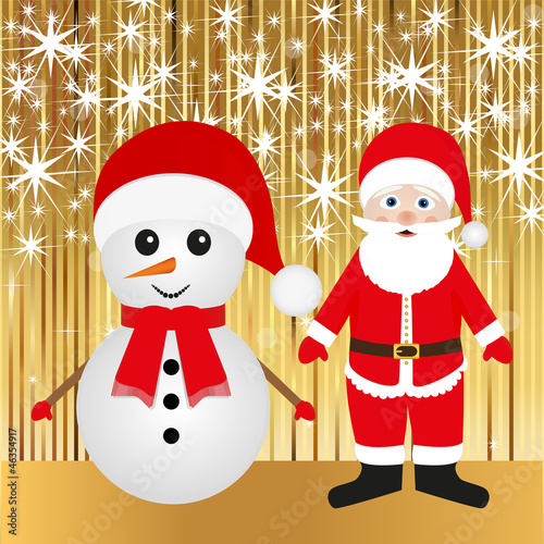 Santa and snowman on the Golden shiny background