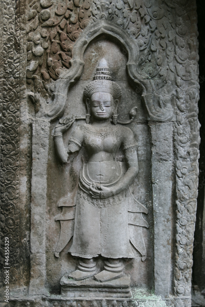 Beautiful bas relief at a temple in Angkor in Cambodia