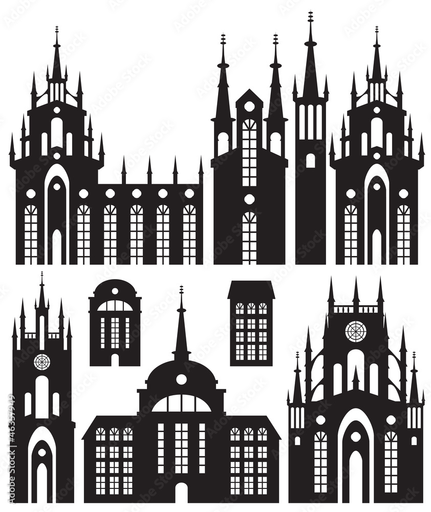 set of silhouettes of buildings castles and churches
