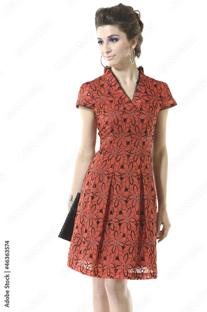 fashion girl holding little purse posing in the studio fashion girl holding little purse posing in the studio